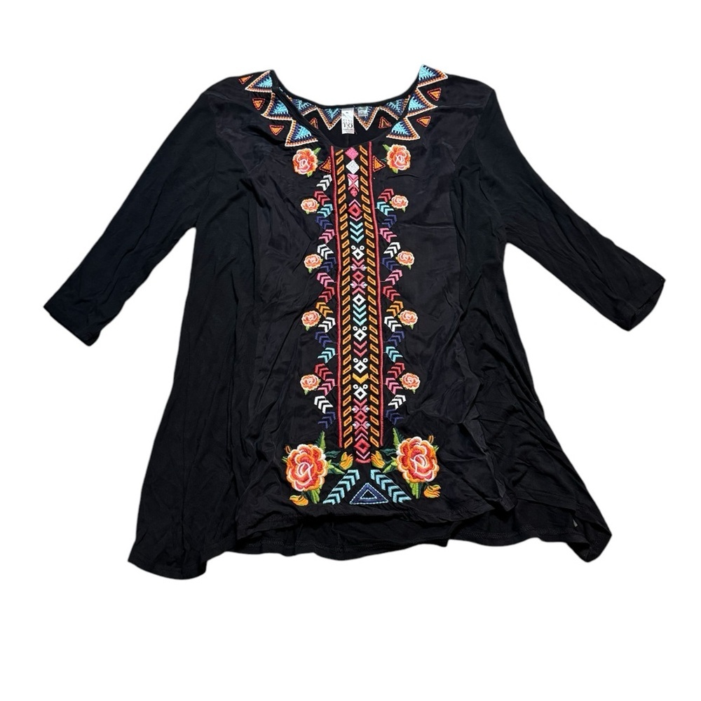 🌸✨THOMAS & OLIVIA Boho‎ Embroidered Tunic Top Black Multicolor XL✨🌸